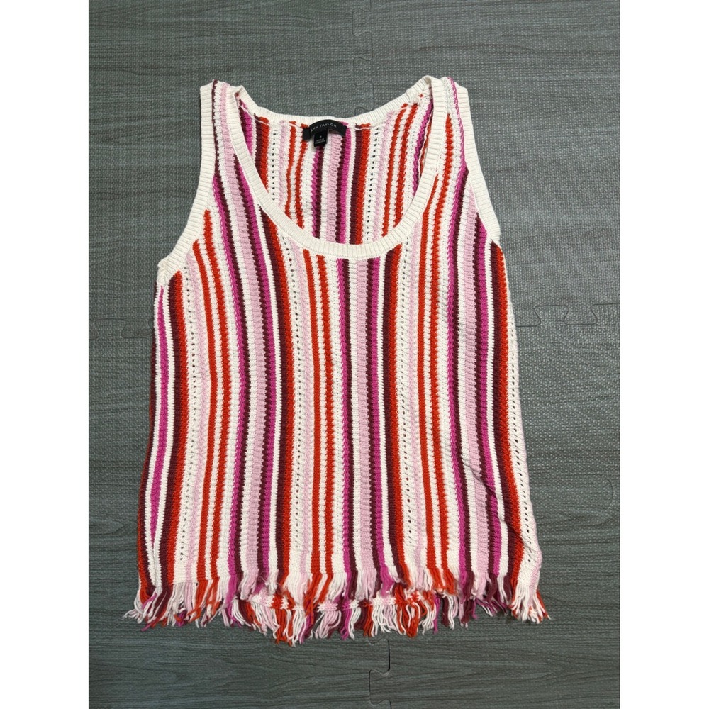 Ann Taylor Womens Medium Striped Knit Fringe Tank Top Red Pink Orange Scoop Neck